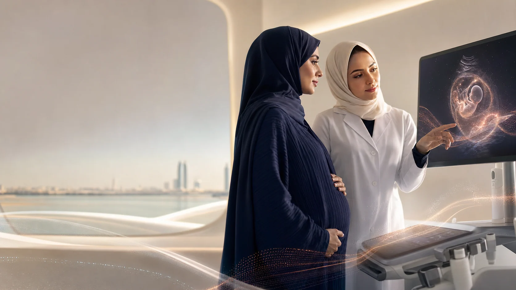 Pregnant woman and maternal–fetal medicine clinician reviewing fetal imaging in a calm UAE consultation environment